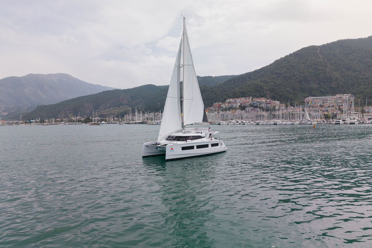 Exterior view of Aura, a Aventura Catamarans Aventura 45 catamaran at Fethiye, Turkey