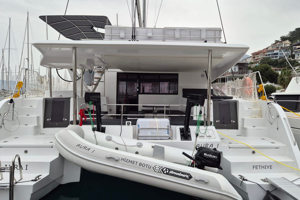 Exterior view of Aura, a Aventura Catamarans Aventura 45 catamaran at Fethiye, Turkey