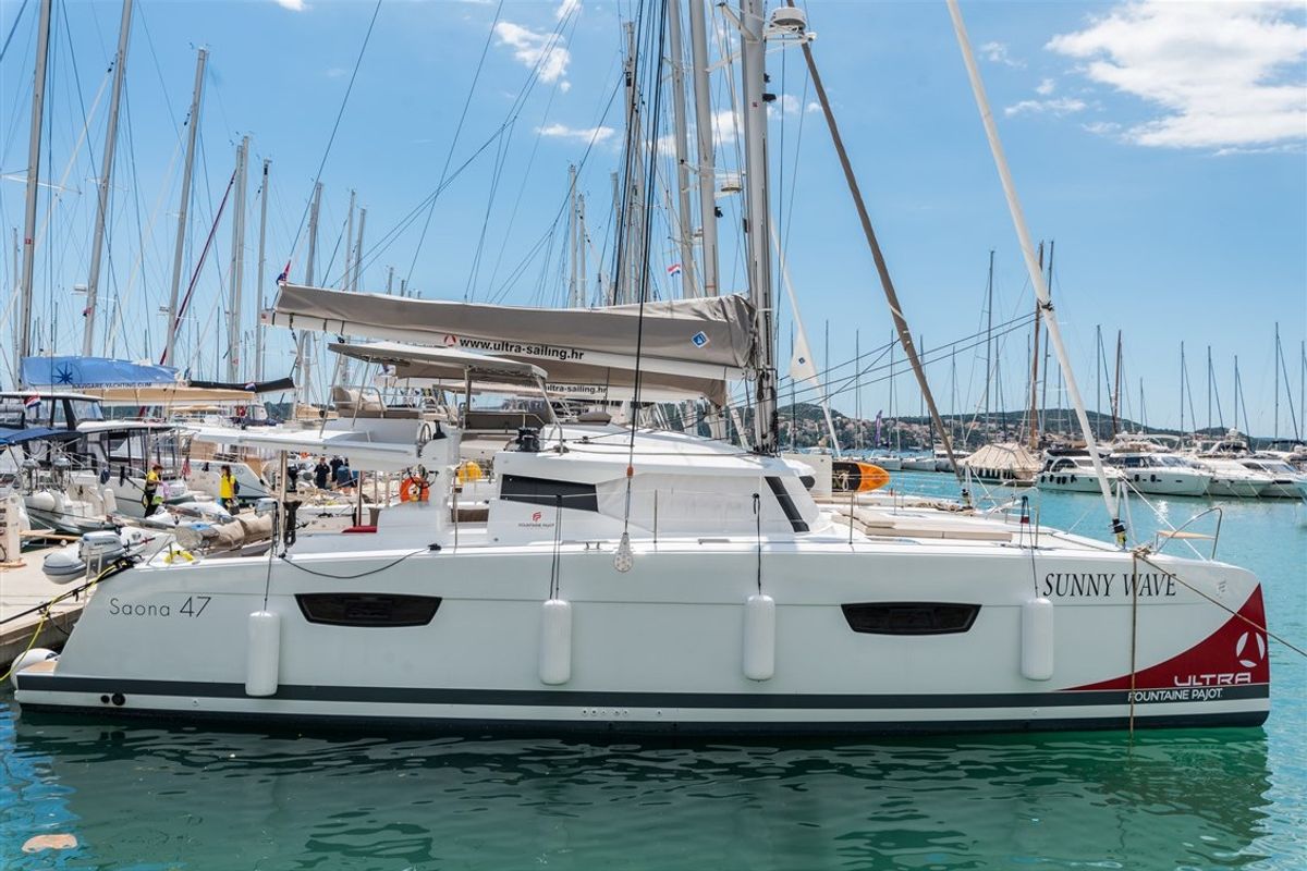 Exterior view of Sunny Wave, a Fountaine Pajot Saona 47 catamaran at Seget Donji, Croatia