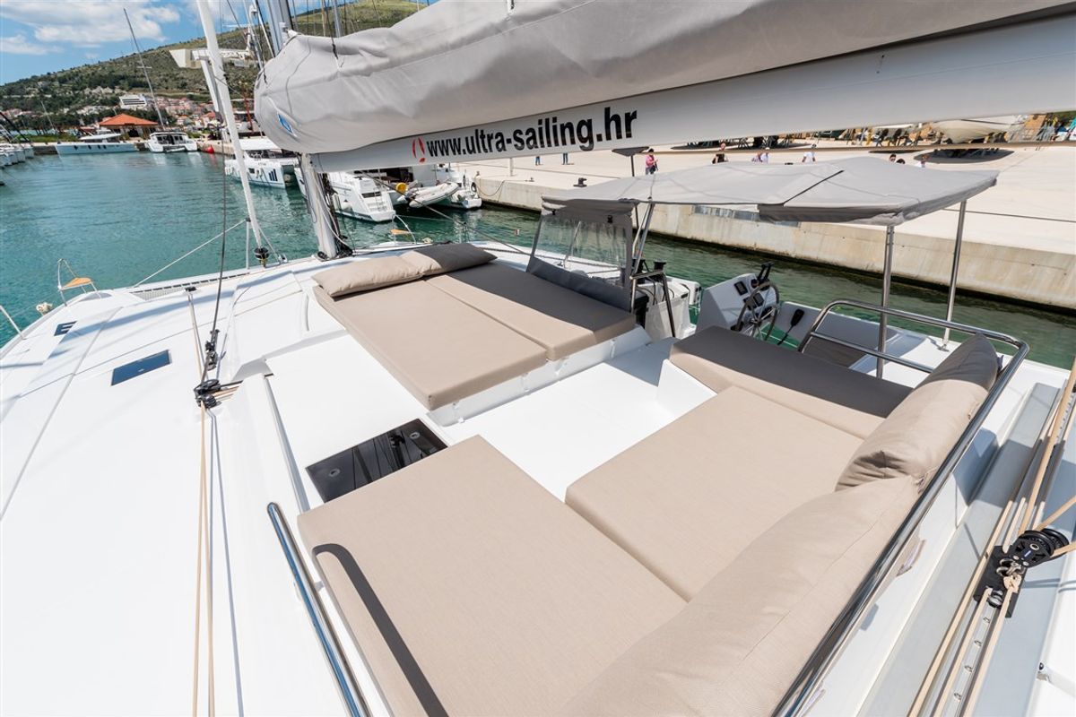 Deck of Sunny Wave, a Fountaine Pajot Saona 47 catamaran at Seget Donji, Croatia