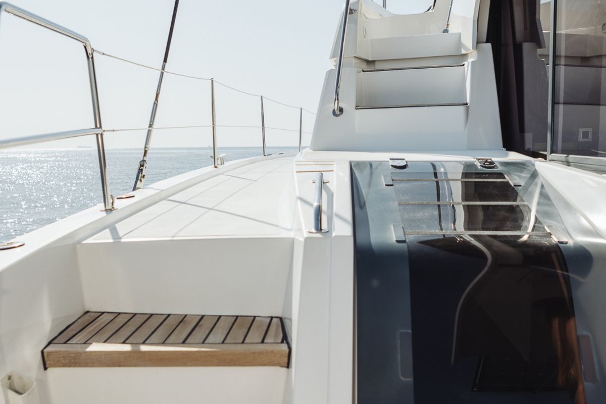 Deck of Kos 48.1, a Bali 4.8 catamaran at Agios Stefanos, Greece