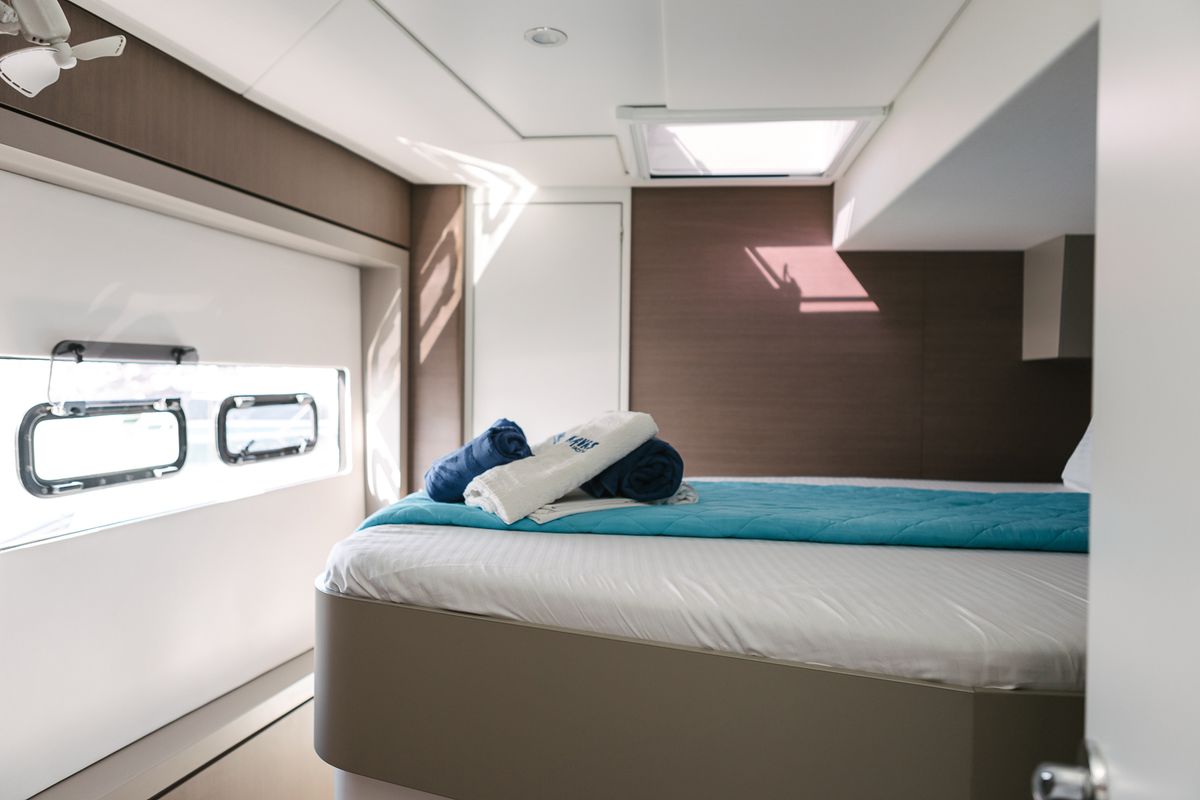 Cabin on Kos 48.1, a Bali 4.8 catamaran at Agios Stefanos, Greece