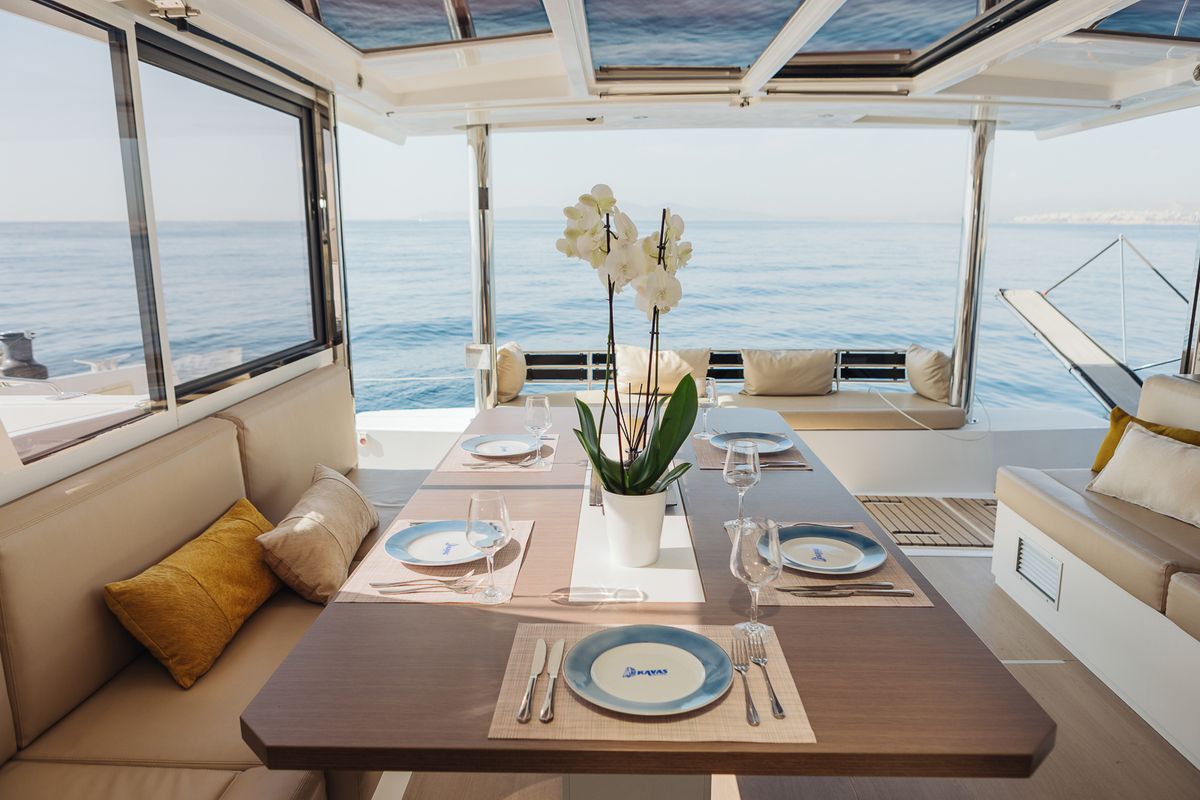 Salon of Kos 48.1, a Bali 4.8 catamaran at Agios Stefanos, Greece