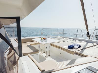 Deck of Kos 48.1, a Bali 4.8 catamaran at Agios Stefanos, Greece