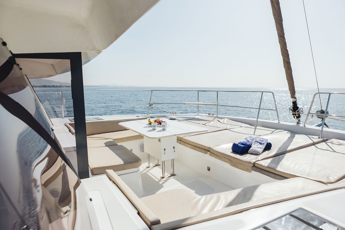 Deck of Kos 48.1, a Bali 4.8 catamaran at Agios Stefanos, Greece