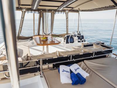 Cockpit of Kos 48.1, a Bali 4.8 catamaran at Agios Stefanos, Greece