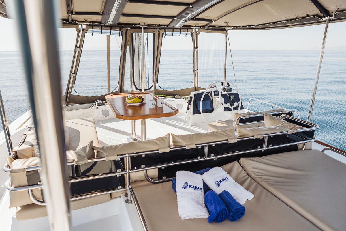 Cockpit of Kos 48.1, a Bali 4.8 catamaran at Agios Stefanos, Greece