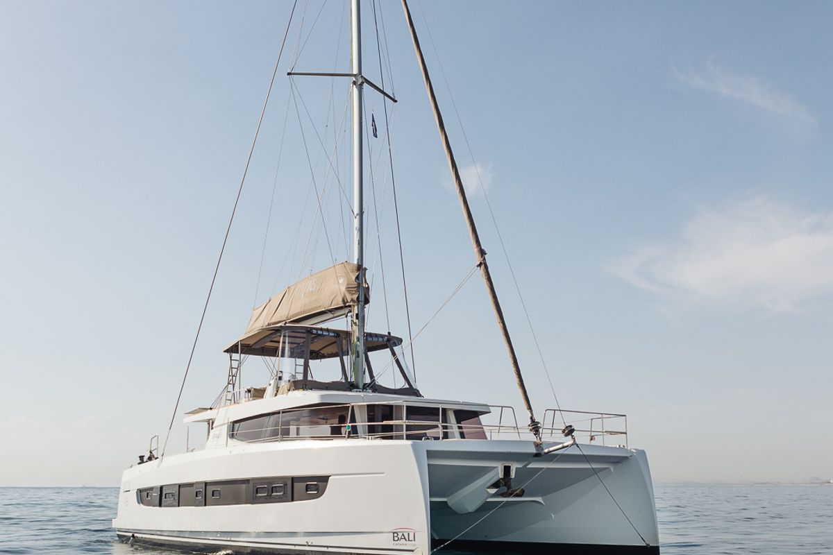 Exterior view of Kos 48.1, a Bali 4.8 catamaran at Agios Stefanos, Greece