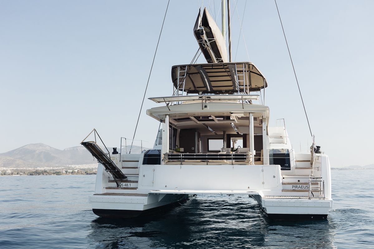Exterior view of Kos 48.1, a Bali 4.8 catamaran at Agios Stefanos, Greece