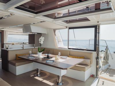 Salon of Kos 48.1, a Bali 4.8 catamaran at Agios Stefanos, Greece
