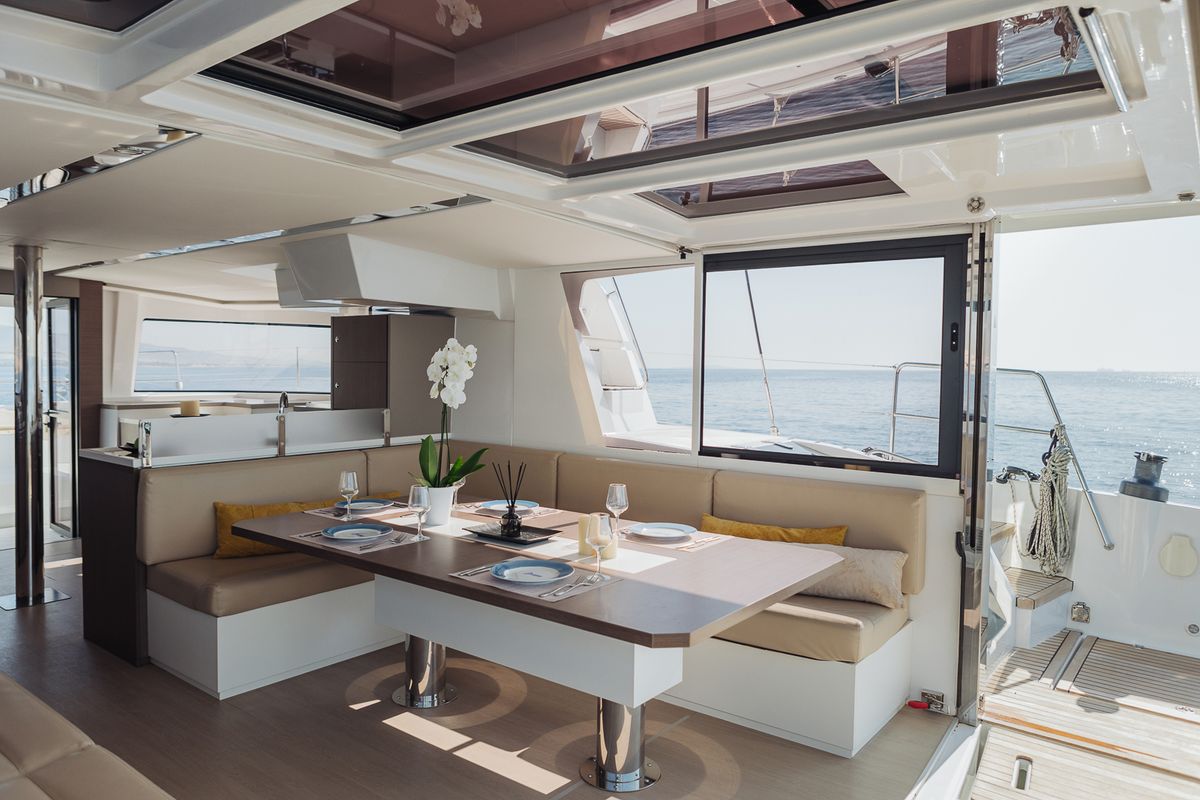 Salon of Kos 48.1, a Bali 4.8 catamaran at Agios Stefanos, Greece