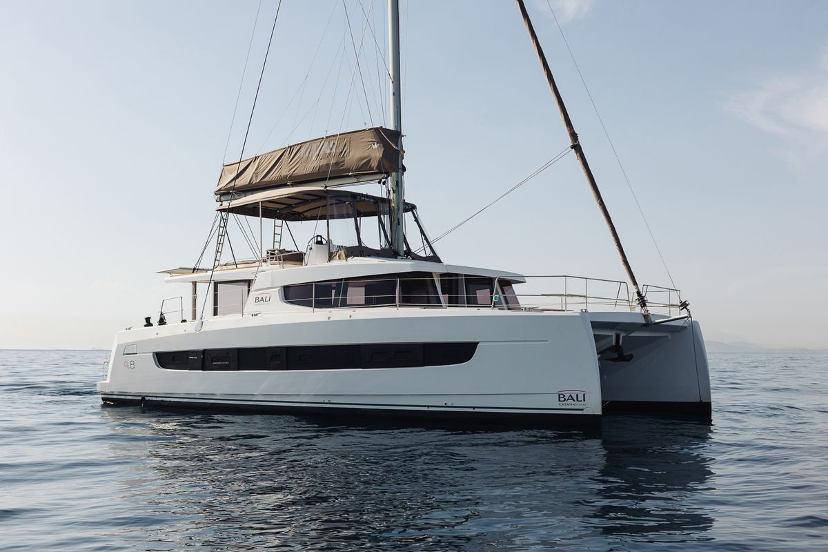 Exterior view of Kos 48.1, a Bali 4.8 catamaran at Agios Stefanos, Greece