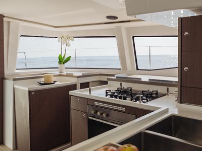 Galley of Kos 48.1, a Bali 4.8 catamaran at Agios Stefanos, Greece