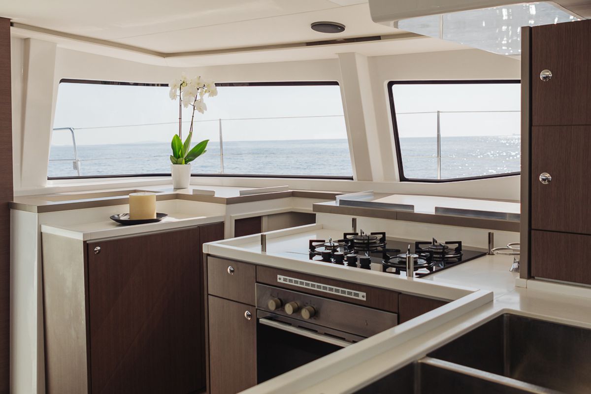 Galley of Kos 48.1, a Bali 4.8 catamaran at Agios Stefanos, Greece