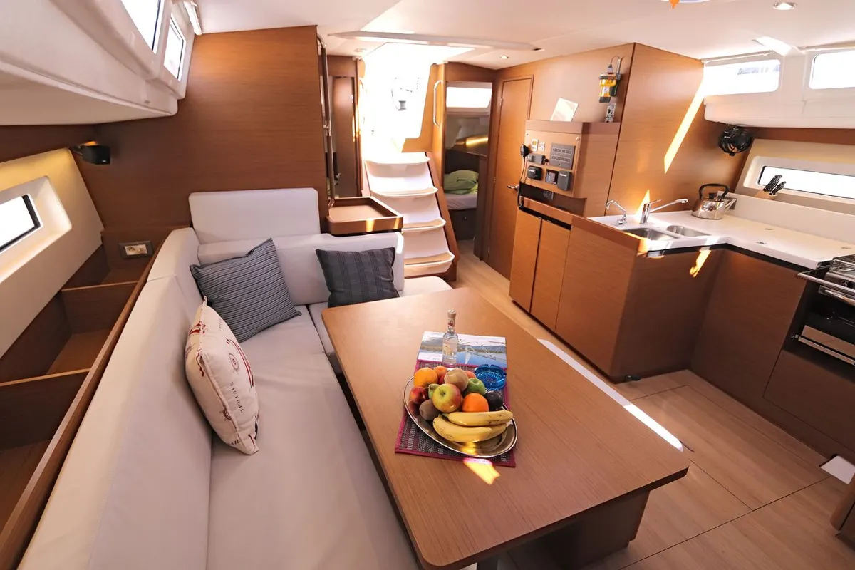 Salon of Pnoe, a Jeanneau Sun Odyssey 490 sailboat at Sithonia Municipal Unit, Greece