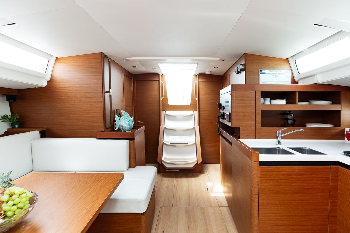 Salon of Pnoe, a Jeanneau Sun Odyssey 490 sailboat at Sithonia Municipal Unit, Greece