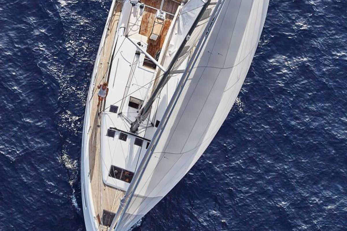 Exterior view of Pnoe, a Jeanneau Sun Odyssey 490 sailboat at Sithonia Municipal Unit, Greece