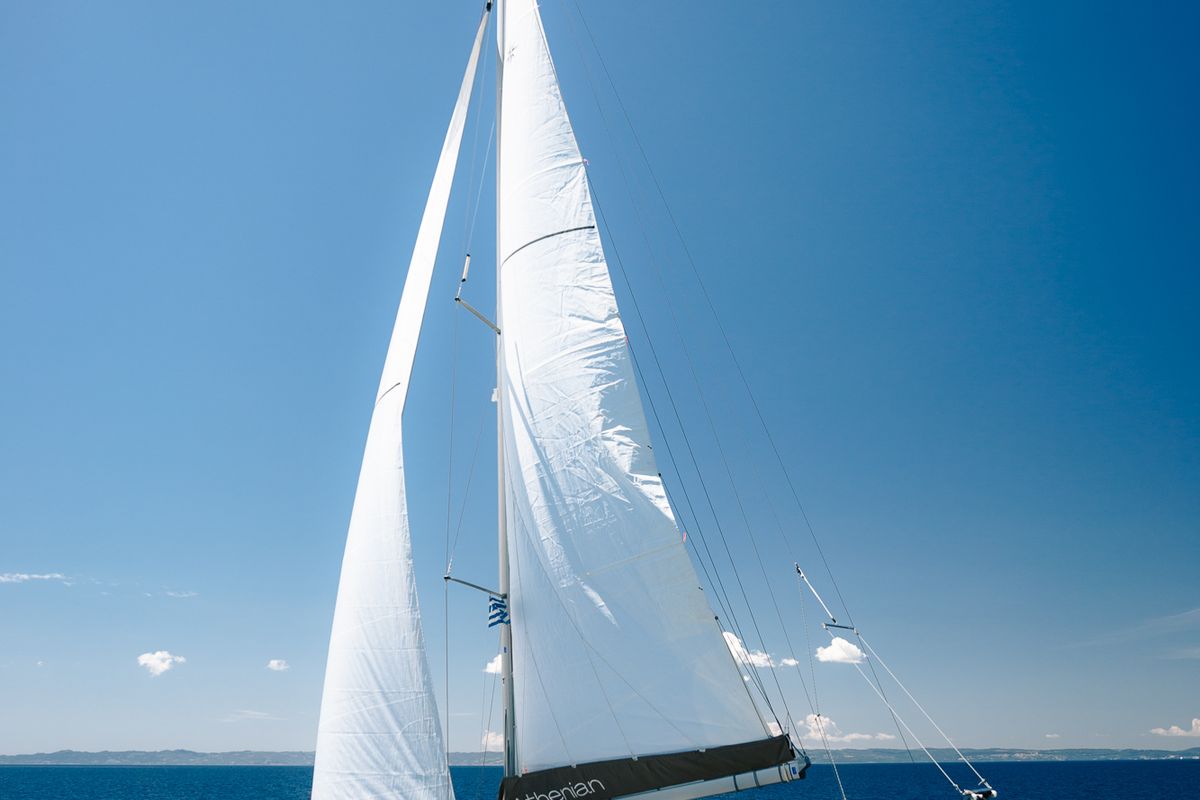 Exterior view of Pnoe, a Jeanneau Sun Odyssey 490 sailboat at Sithonia Municipal Unit, Greece