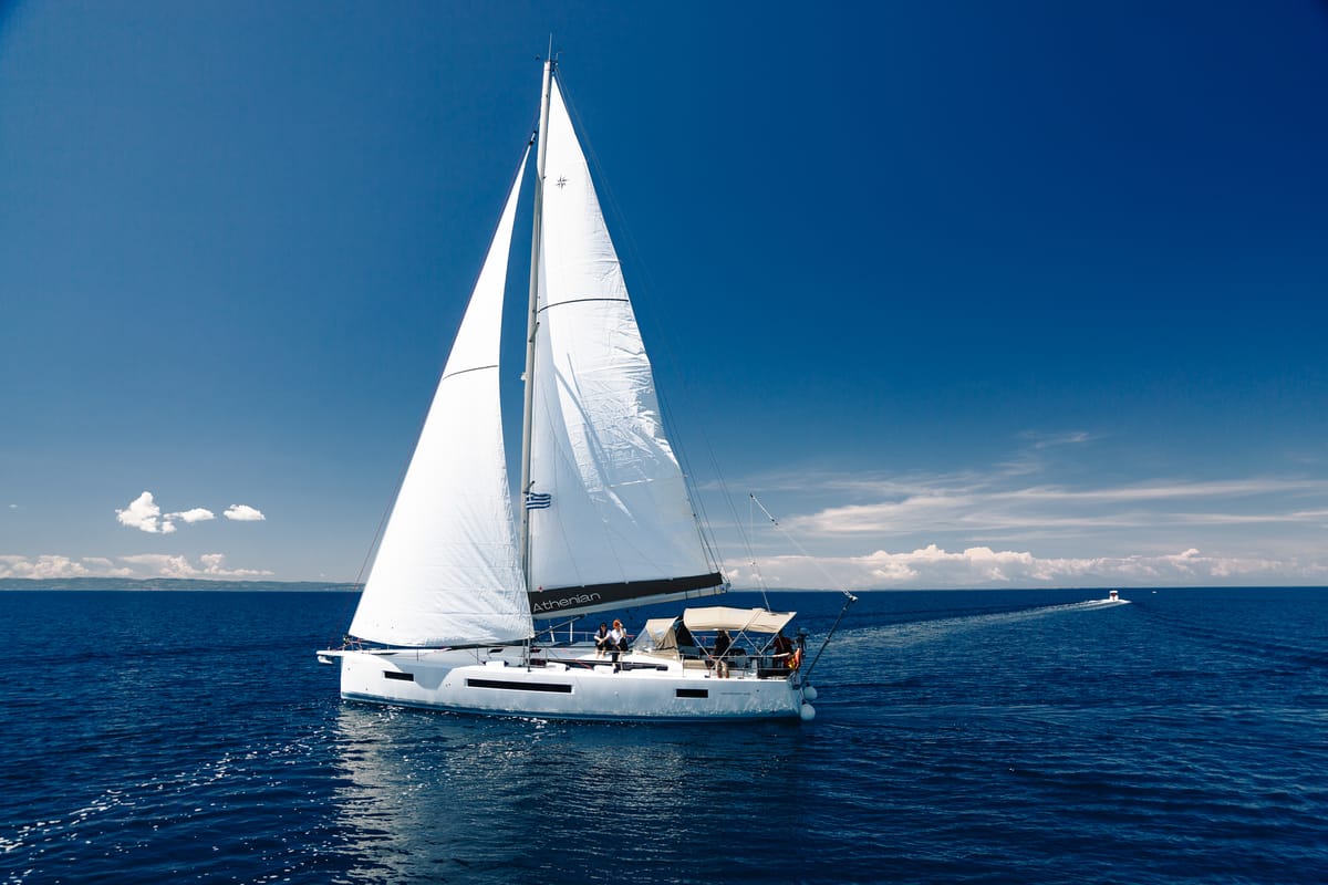 Exterior view of Pnoe, a Jeanneau Sun Odyssey 490 sailboat at Sithonia Municipal Unit, Greece