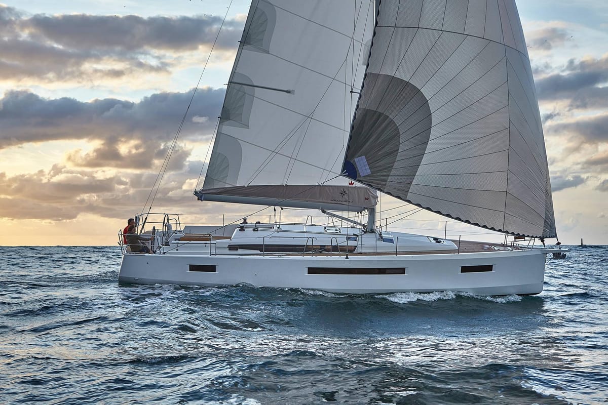 Exterior view of Pnoe, a Jeanneau Sun Odyssey 490 sailboat at Sithonia Municipal Unit, Greece