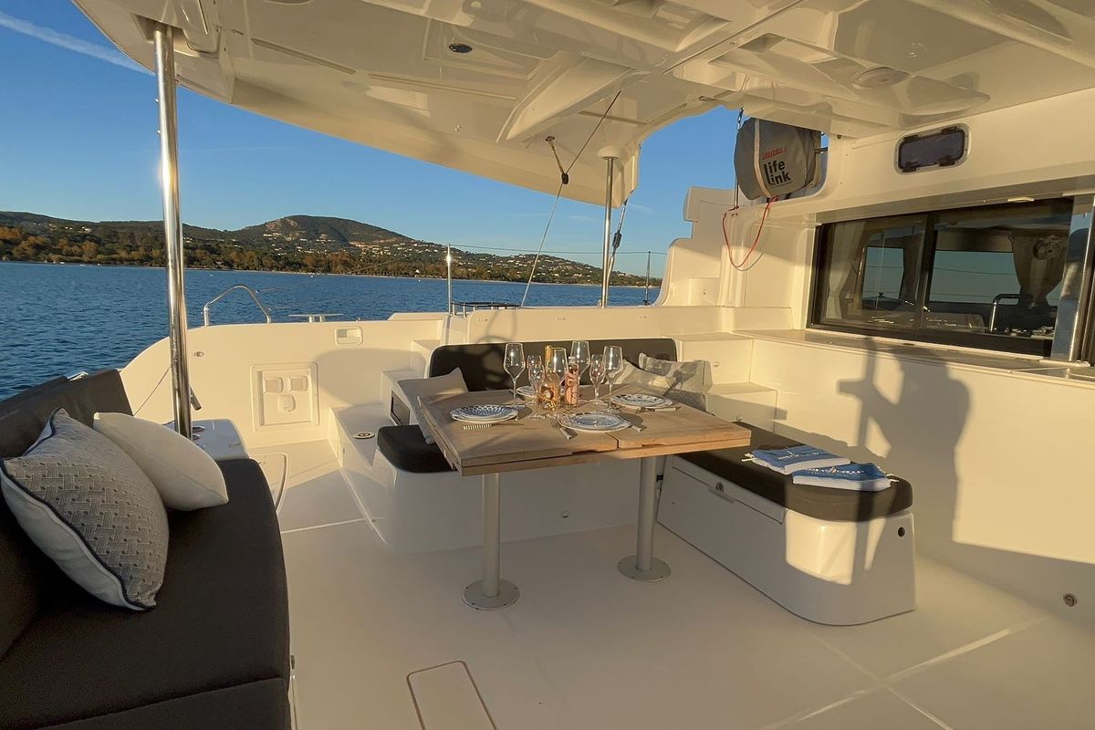 Deck of M & M, a Lagoon 46 catamaran at Grimaud, France