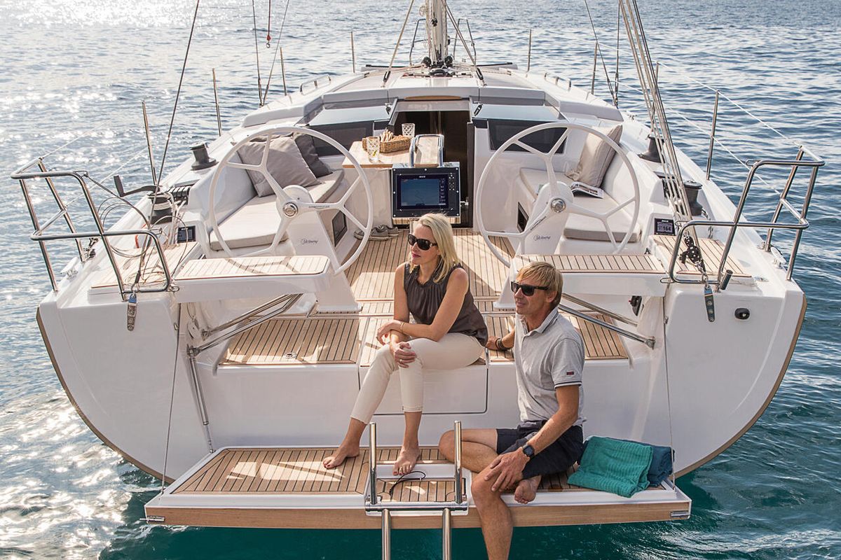 Exterior view of Aloisia, a Hanse Yachts Hanse 418 sailboat at Lavreotiki Municipal Unit, Greece