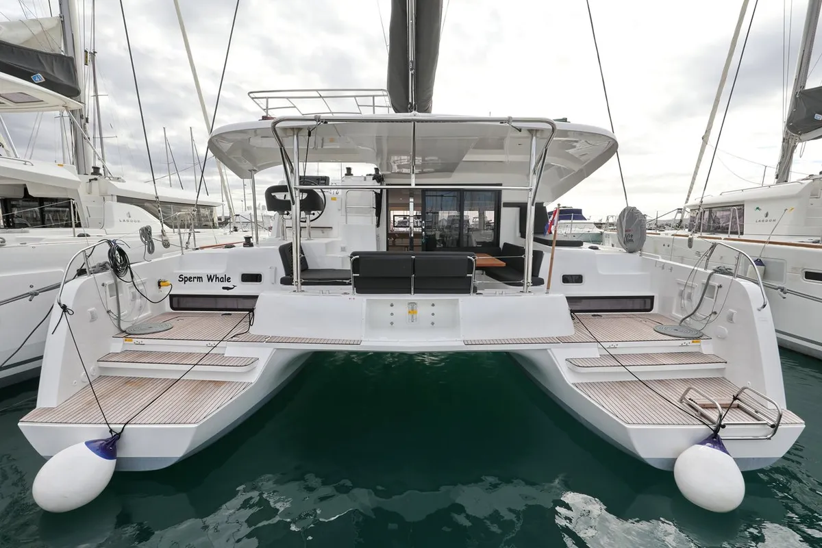 Exterior view of Sperm Whale, a Lagoon 42 catamaran at Općina Sukošan, Croatia