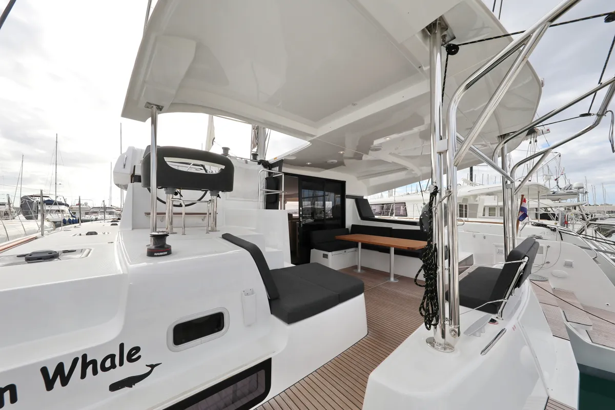 Cockpit of Sperm Whale, a Lagoon 42 catamaran at Općina Sukošan, Croatia