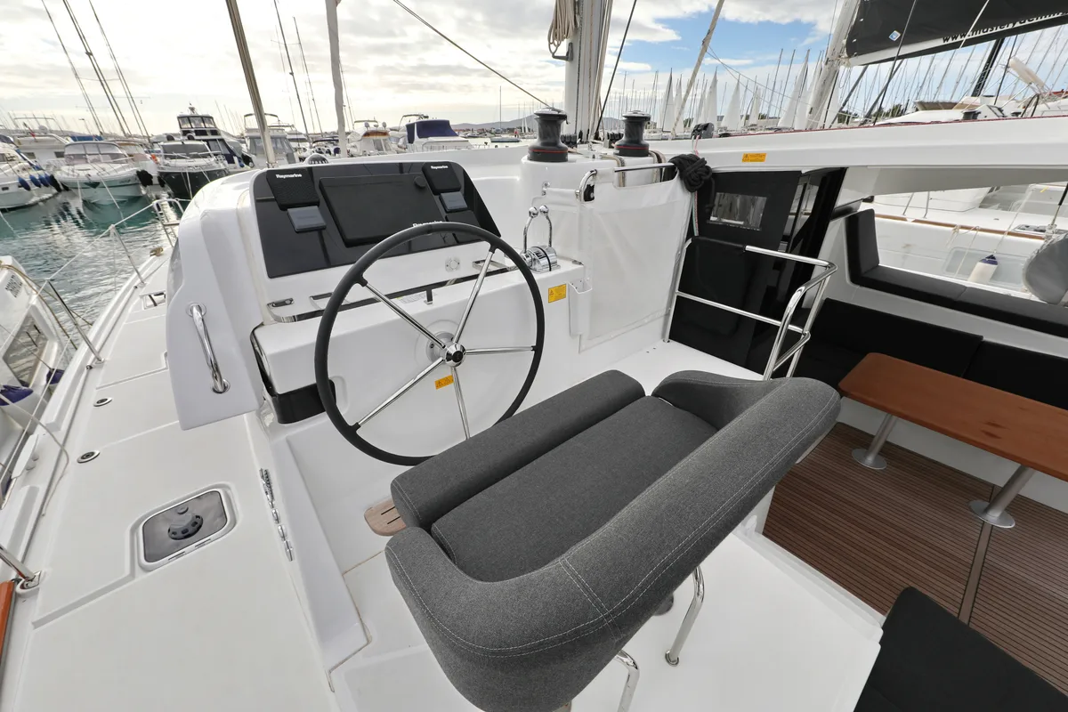 Cockpit of Sperm Whale, a Lagoon 42 catamaran at Općina Sukošan, Croatia