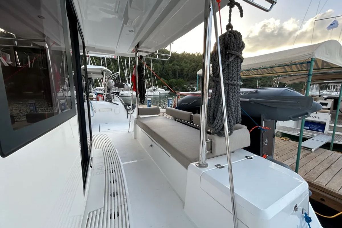 Deck of Sail Spazio, a Bali 4.2 catamaran at Marmaris, Turkey