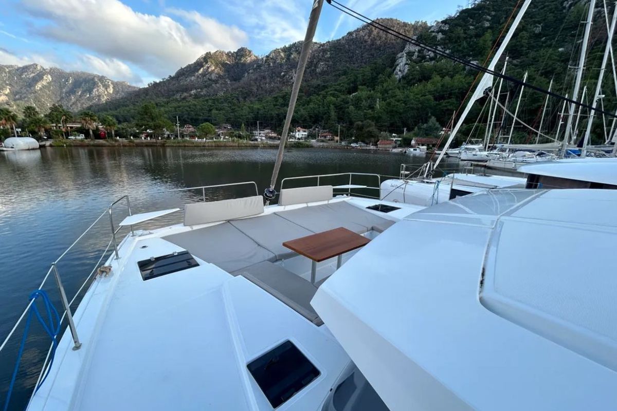Deck of Sail Spazio, a Bali 4.2 catamaran at Marmaris, Turkey