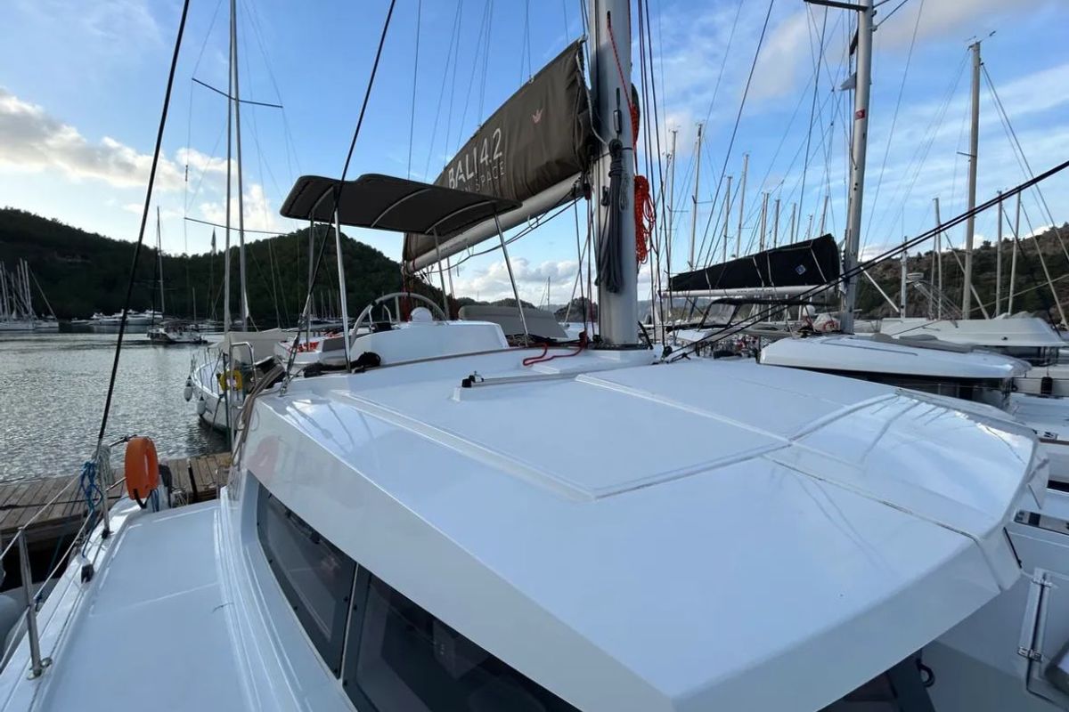 Cockpit of Sail Spazio, a Bali 4.2 catamaran at Marmaris, Turkey