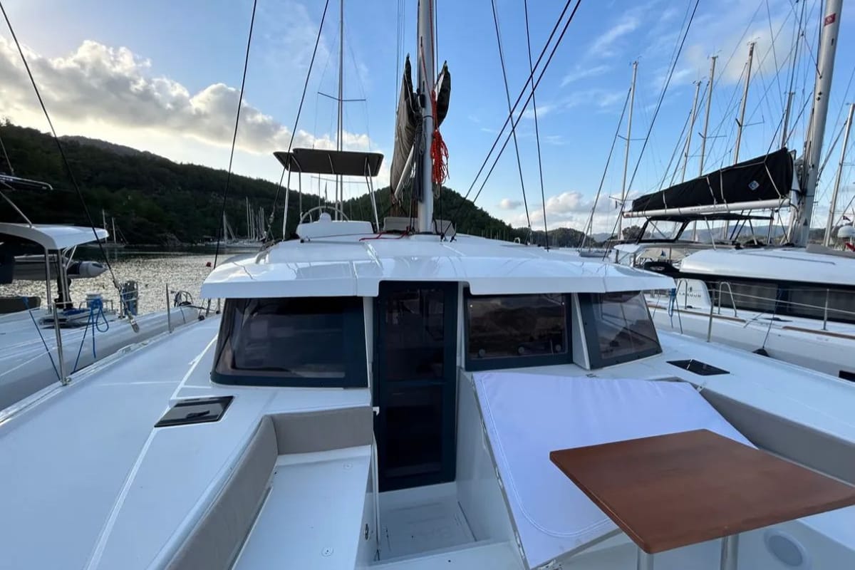 Deck of Sail Spazio, a Bali 4.2 catamaran at Marmaris, Turkey