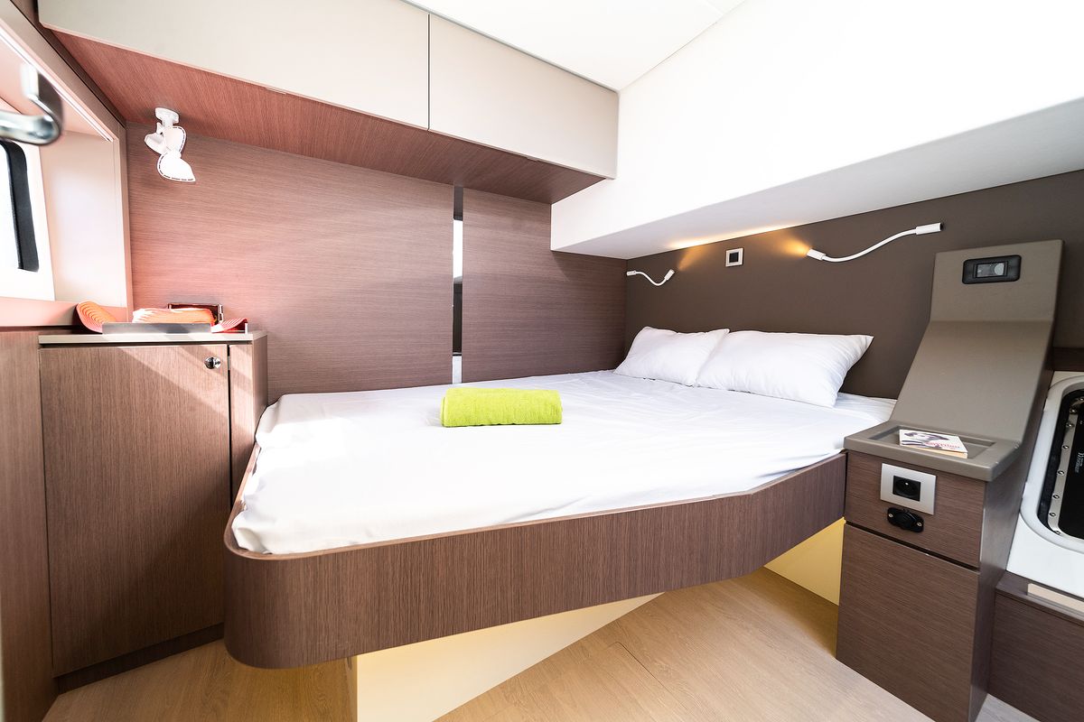 Cabin on About Time, a Bali 4.8 catamaran at Athens, Greece