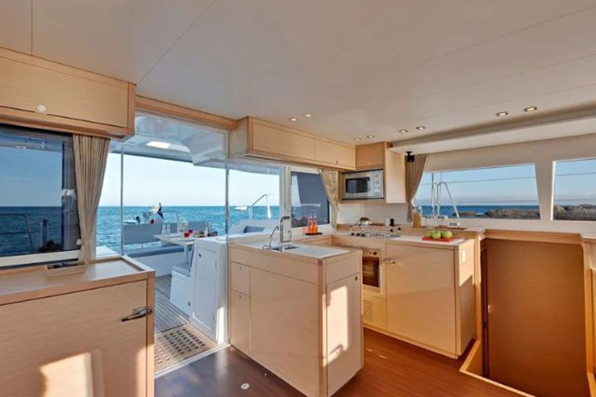 Galley of L450F-15A, a Lagoon 450 Fly catamaran at Athens, Greece