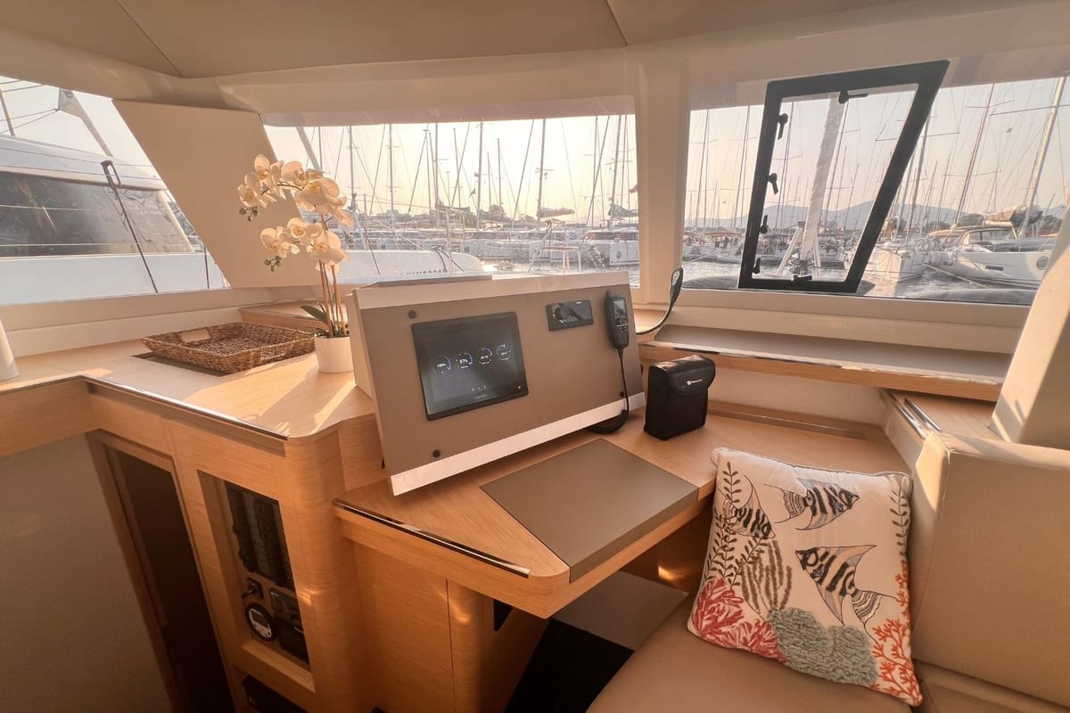 Cockpit of Bollinger, a Fountaine Pajot Astréa 42 catamaran at Olbia, Italy
