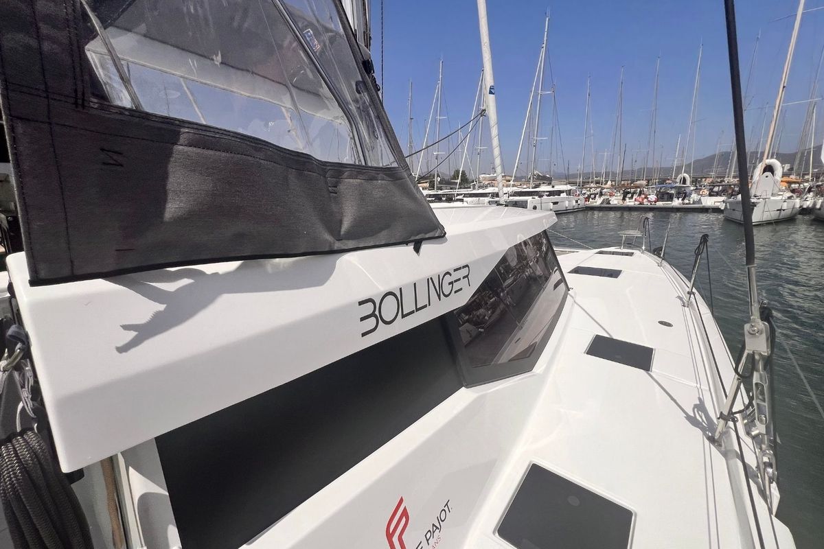 Exterior view of Bollinger, a Fountaine Pajot Astréa 42 catamaran at Olbia, Italy