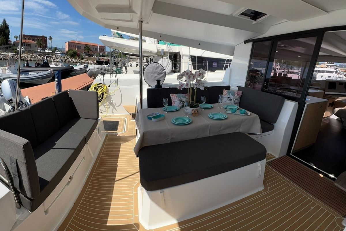 Deck of Bollinger, a Fountaine Pajot Astréa 42 catamaran at Olbia, Italy