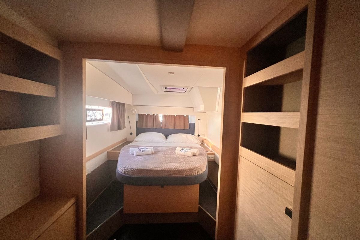 Cabin on Bollinger, a Fountaine Pajot Astréa 42 catamaran at Olbia, Italy