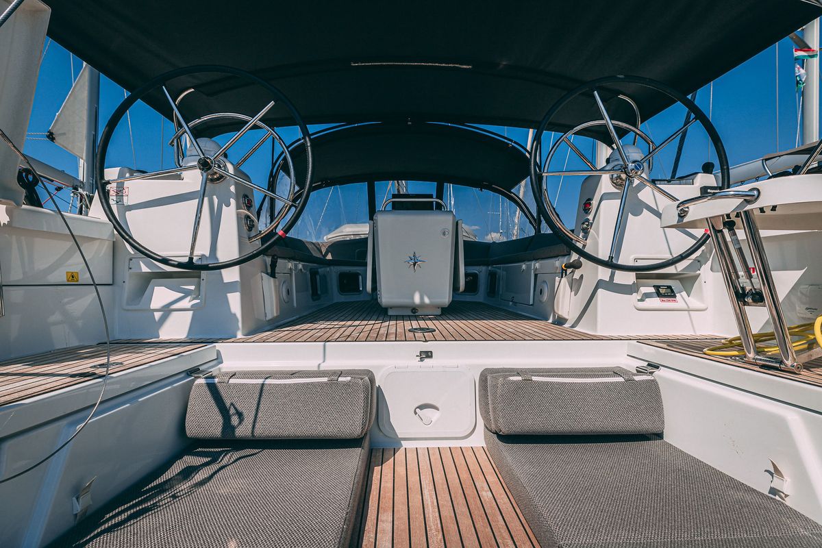 Cockpit of Il Gatto, a Jeanneau 54 sailboat at Grad Kaštela, Croatia