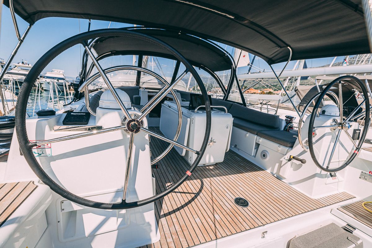 Cockpit of Il Gatto, a Jeanneau 54 sailboat at Grad Kaštela, Croatia