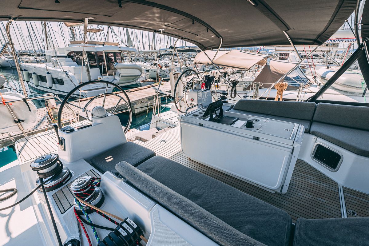Cockpit of Il Gatto, a Jeanneau 54 sailboat at Grad Kaštela, Croatia