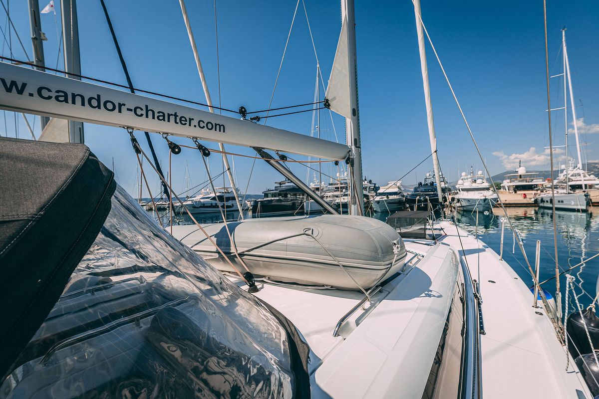 Deck of Il Gatto, a Jeanneau 54 sailboat at Grad Kaštela, Croatia