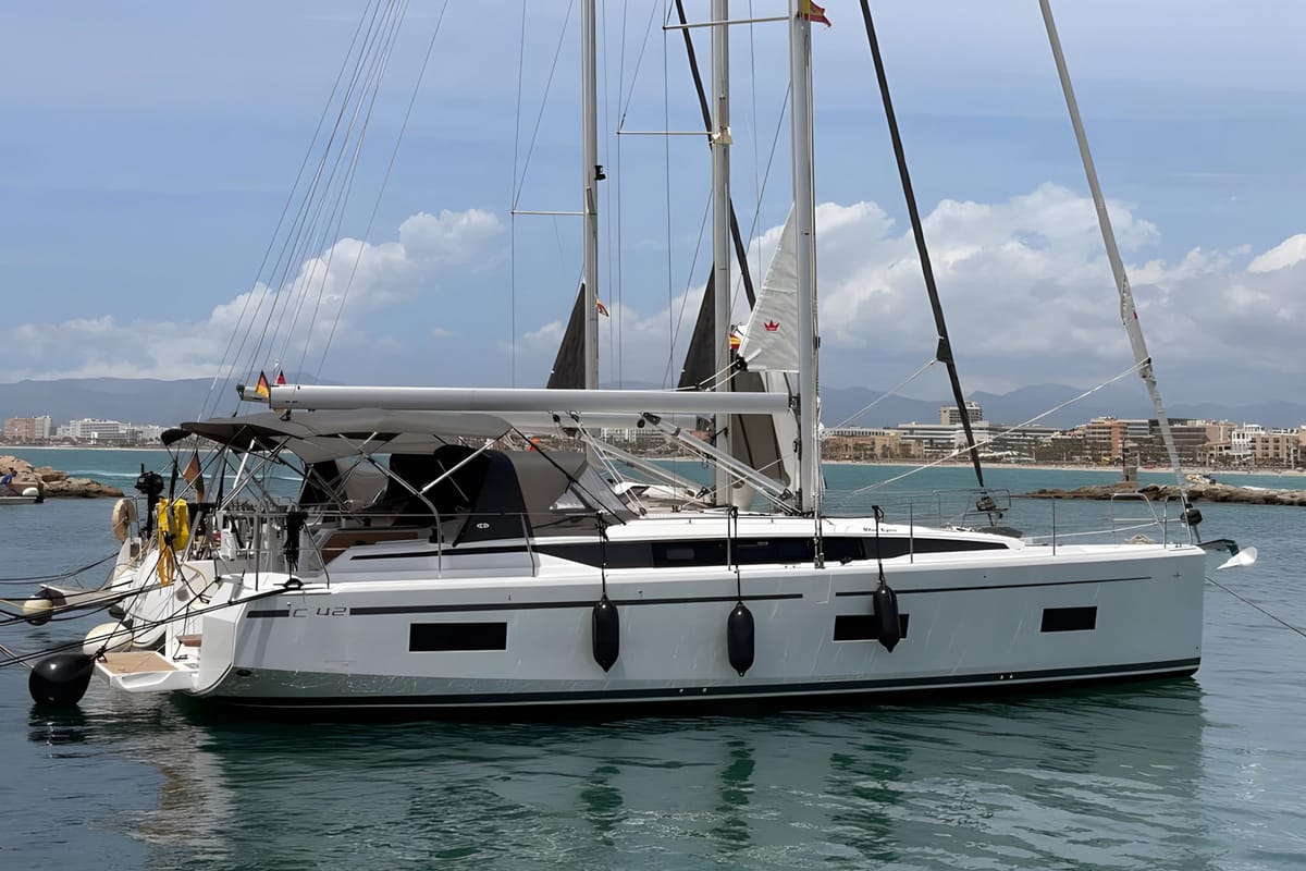 Exterior view of Blue Eyes, a Bavaria C42 sailboat at Palma de Mallorca, Spain