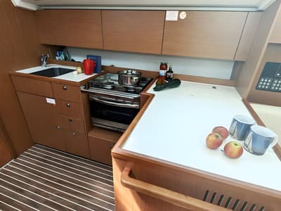 Galley of Blue Eyes, a Bavaria C42 sailboat at Palma de Mallorca, Spain