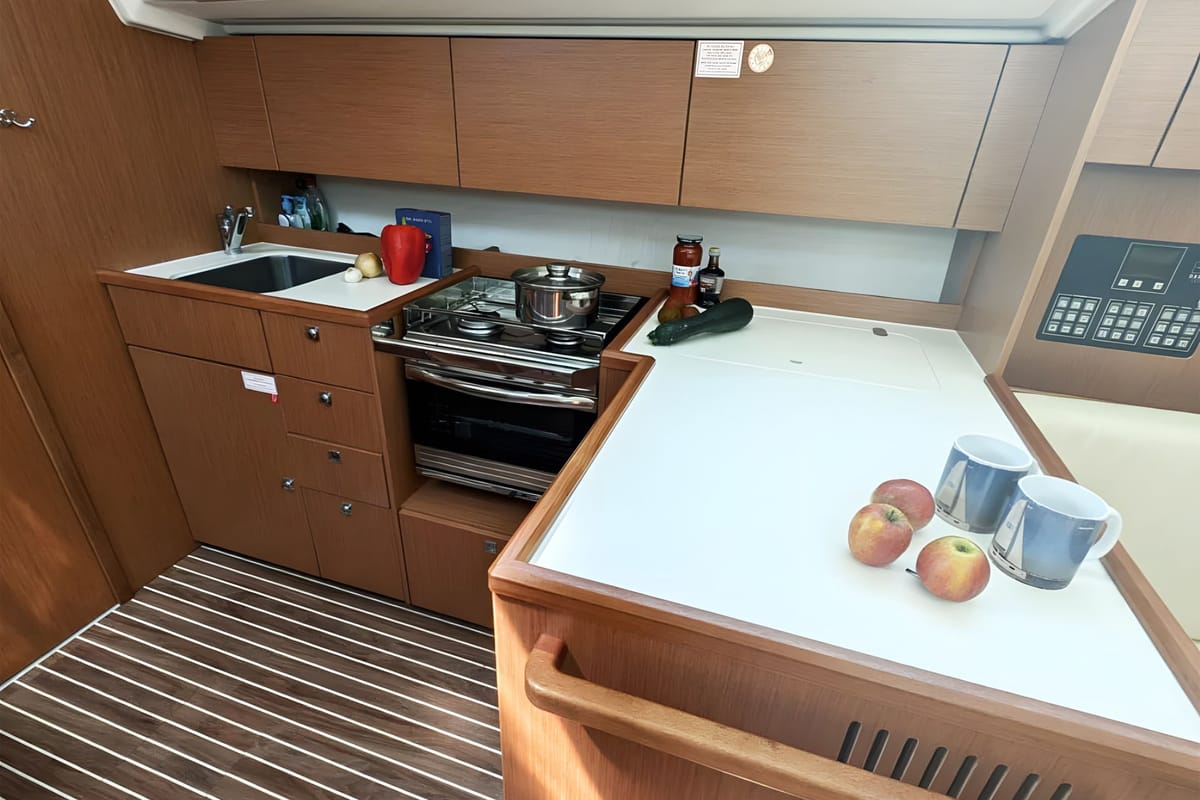 Galley of Blue Eyes, a Bavaria C42 sailboat at Palma de Mallorca, Spain