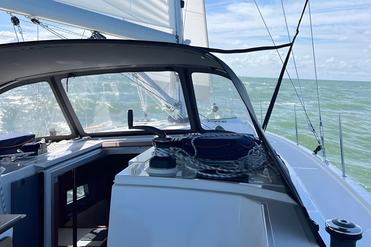 Deck of Blue Eyes, a Bavaria C42 sailboat at Palma de Mallorca, Spain