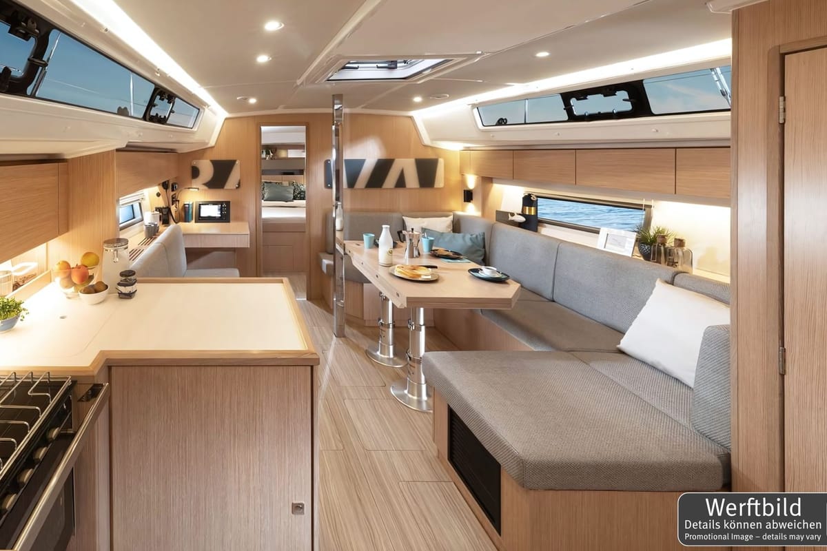 Salon of Blue Eyes, a Bavaria C42 sailboat at Palma de Mallorca, Spain