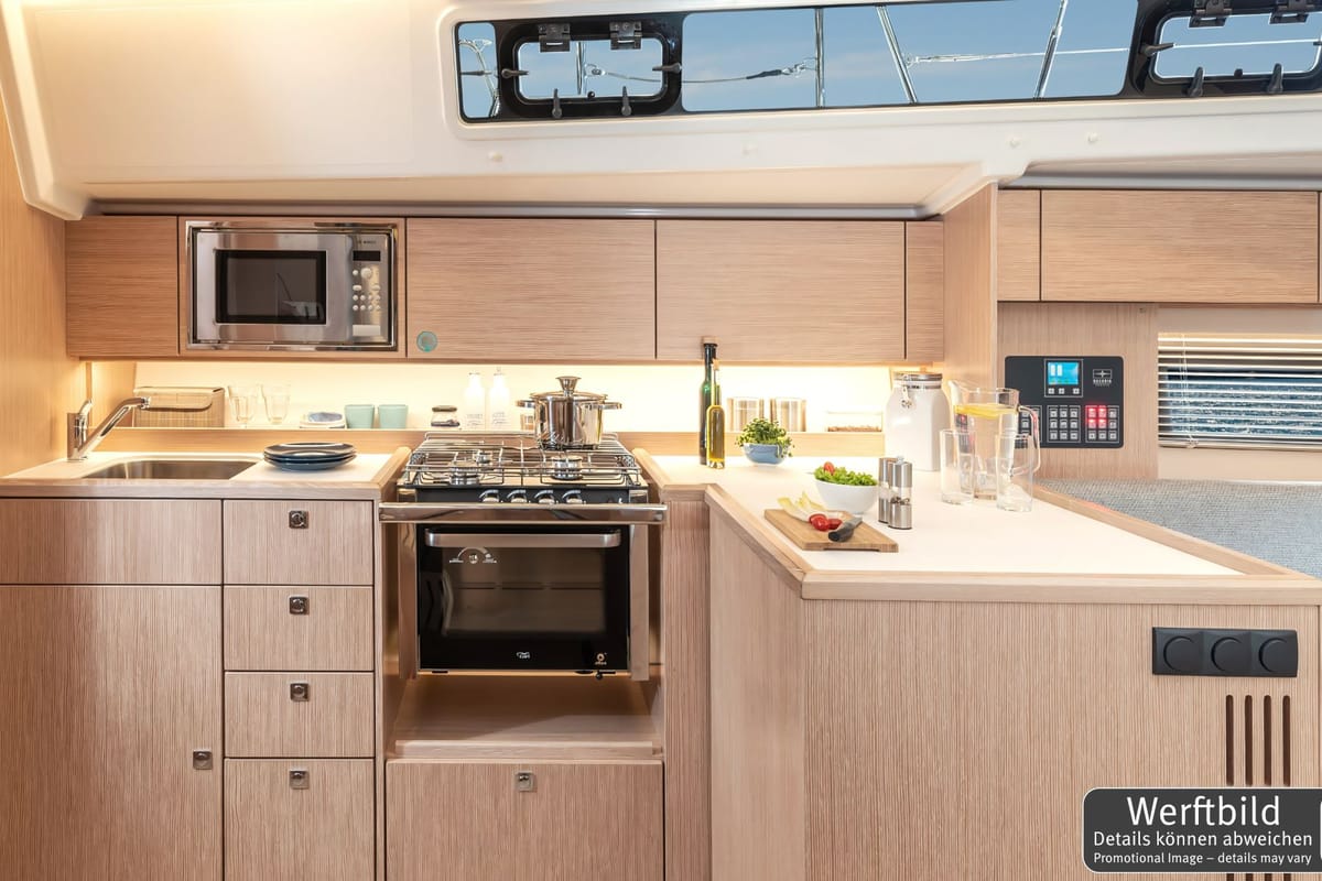 Galley of Blue Eyes, a Bavaria C42 sailboat at Palma de Mallorca, Spain