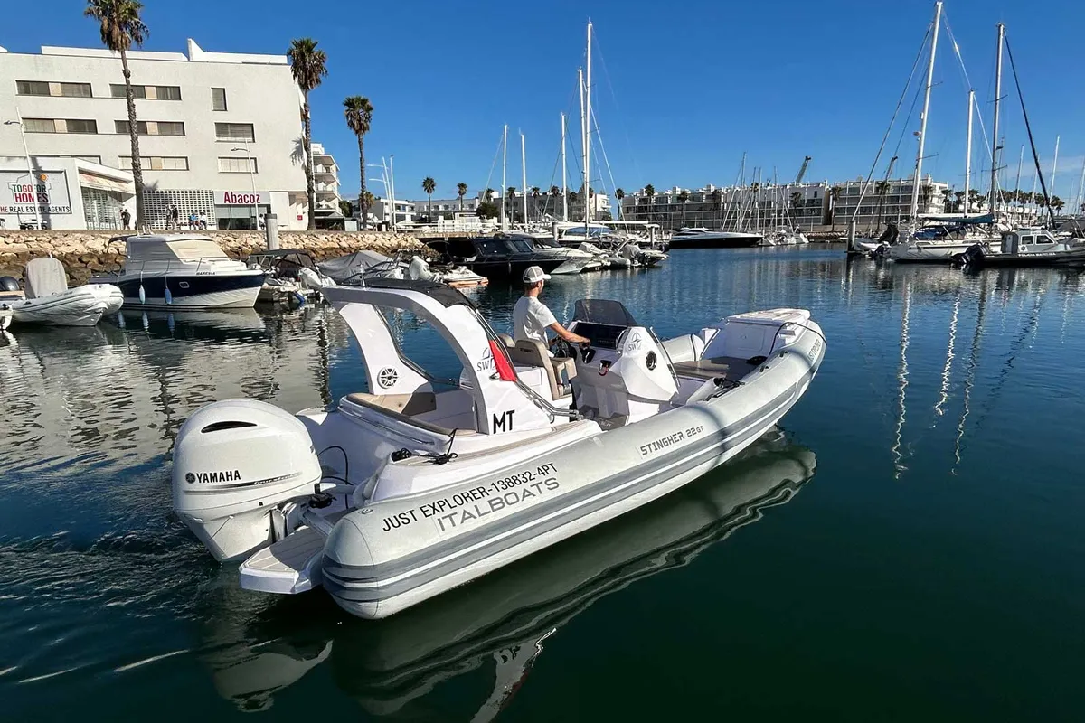Exterior view of Just Explorer, a Gulet Italboats Stingher 22GT motorboat at Lagos, Portugal